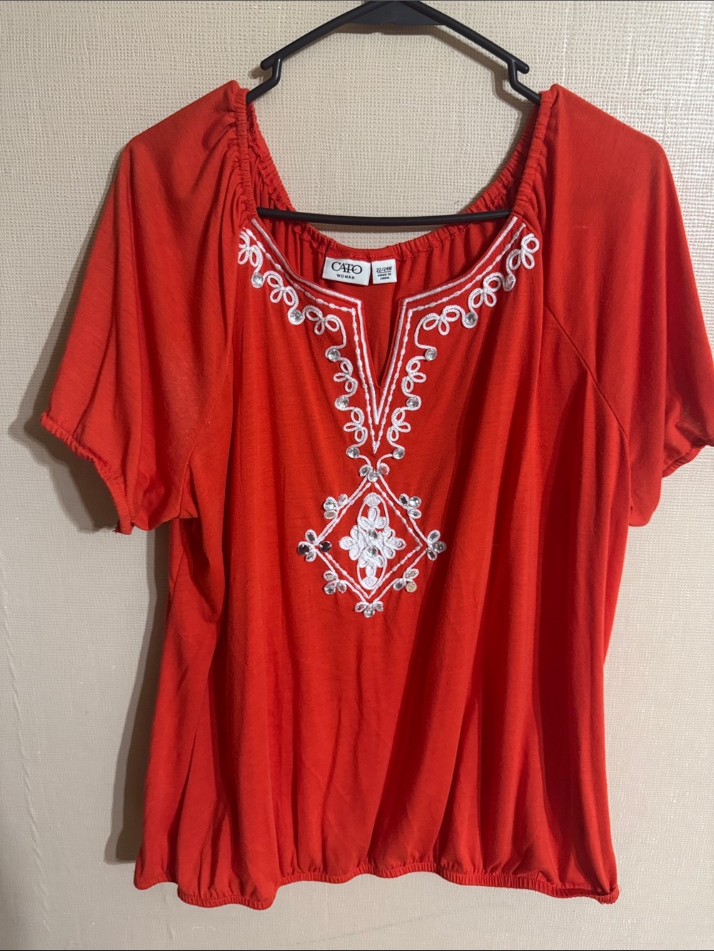 Cato Red Embroidered Short Sleeve Tunic Top
